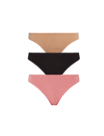 Kit Undergarments Organic Cotton Mid-Rise Thong in Sand, Onyx, and Rose, 95% organic cotton, 5% spandex