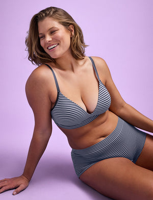 Form Seamless V-Neck Wireless Bra - Indigo Stripe - Nylon/Spandex -Thirdlove