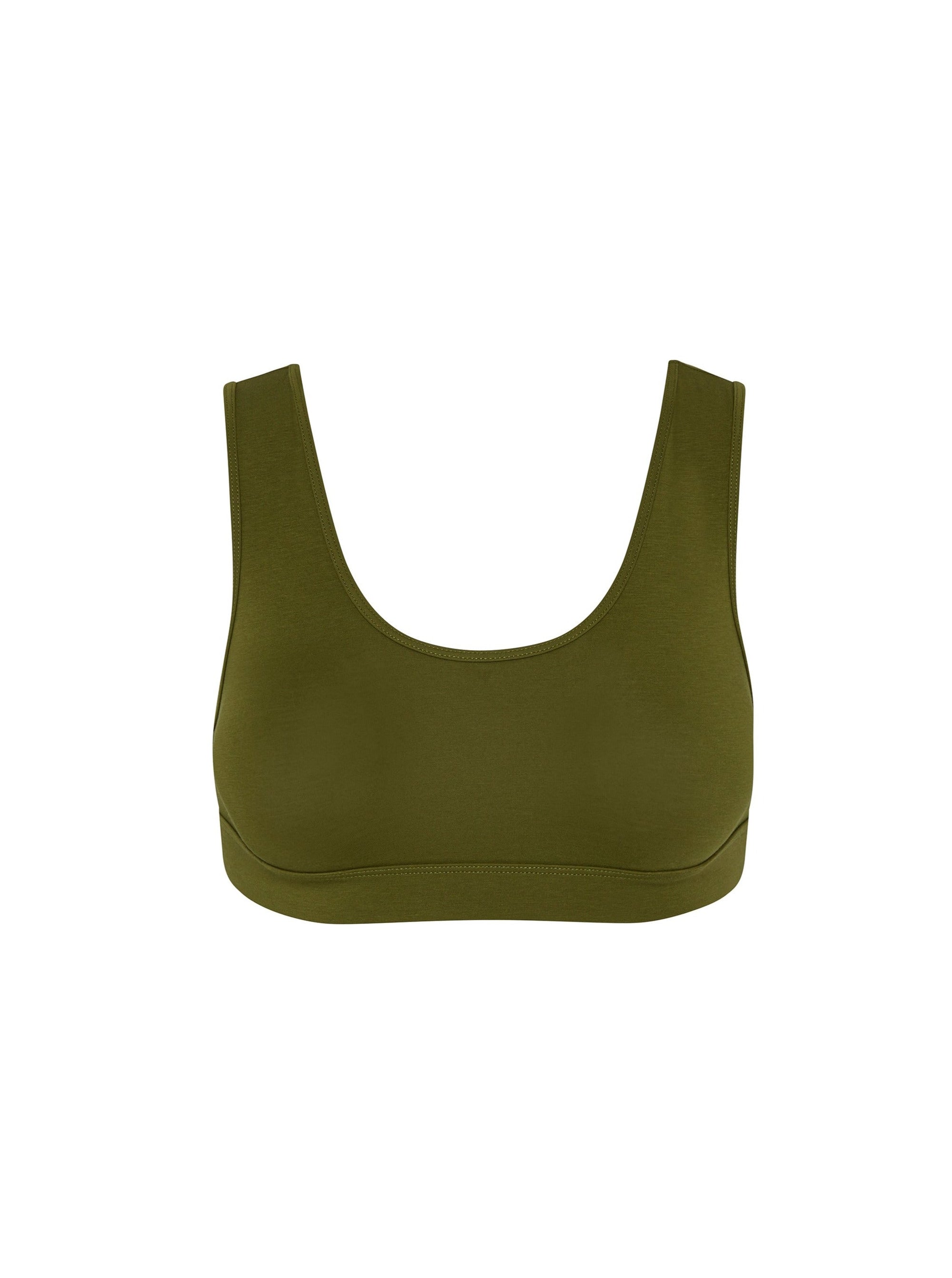 Kit Undergarments Organic Cotton Scoop Bralette in Olive, 93% organic cotton, 7% elastane jersey