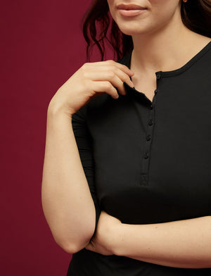 Organic Long Sleeve Henley - Black - Organic Cotton/Spandex -Thirdlove