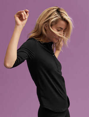 Organic Long Sleeve Henley - Black - Organic Cotton/Spandex -Thirdlove