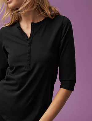 Organic Long Sleeve Henley - Black - Organic Cotton/Spandex -Thirdlove