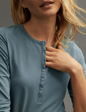 Organic Long Sleeve Henley - Bluestone - Organic Cotton/Spandex -Thirdlove