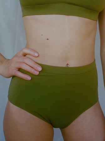 Kit Undergarments Organic Cotton High-Rise Brief in Olive, 93% organic cotton, 7% elastane jersey