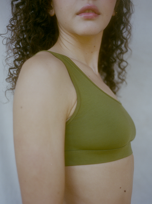 Kit Undergarments Organic Cotton Scoop Bralette in Olive, 93% organic cotton, 7% elastane jersey