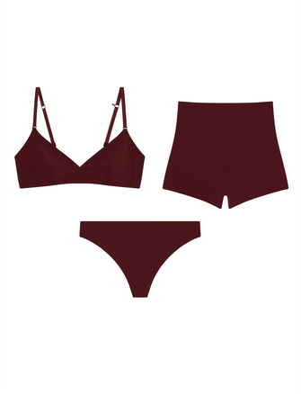 Kit Undergarments Lightweight Triangle Soft Bra, Tap Short and Seamless Thong in Garnet, 63% nylon, 37% spandex